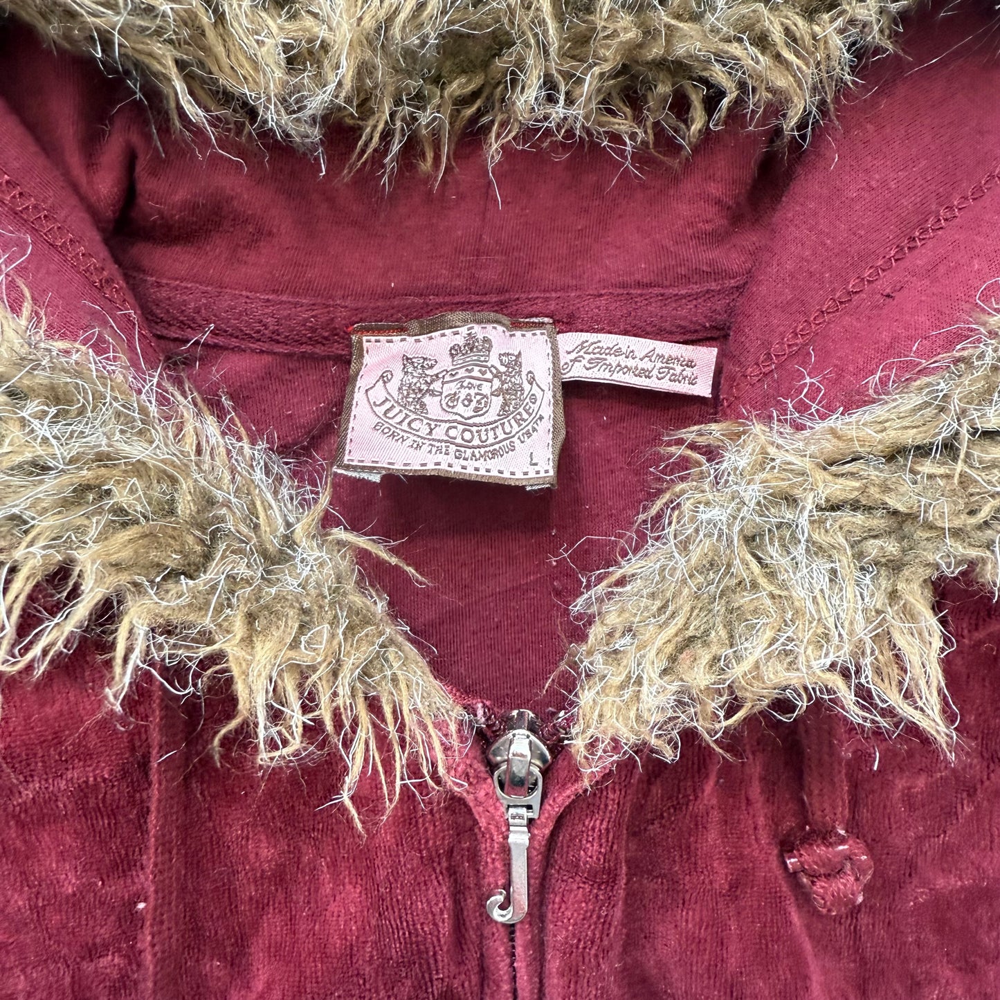Vintage Juicy Couture “Queen of Couture“ Women's Maroon Zip Up Hoodie Y2K Size L