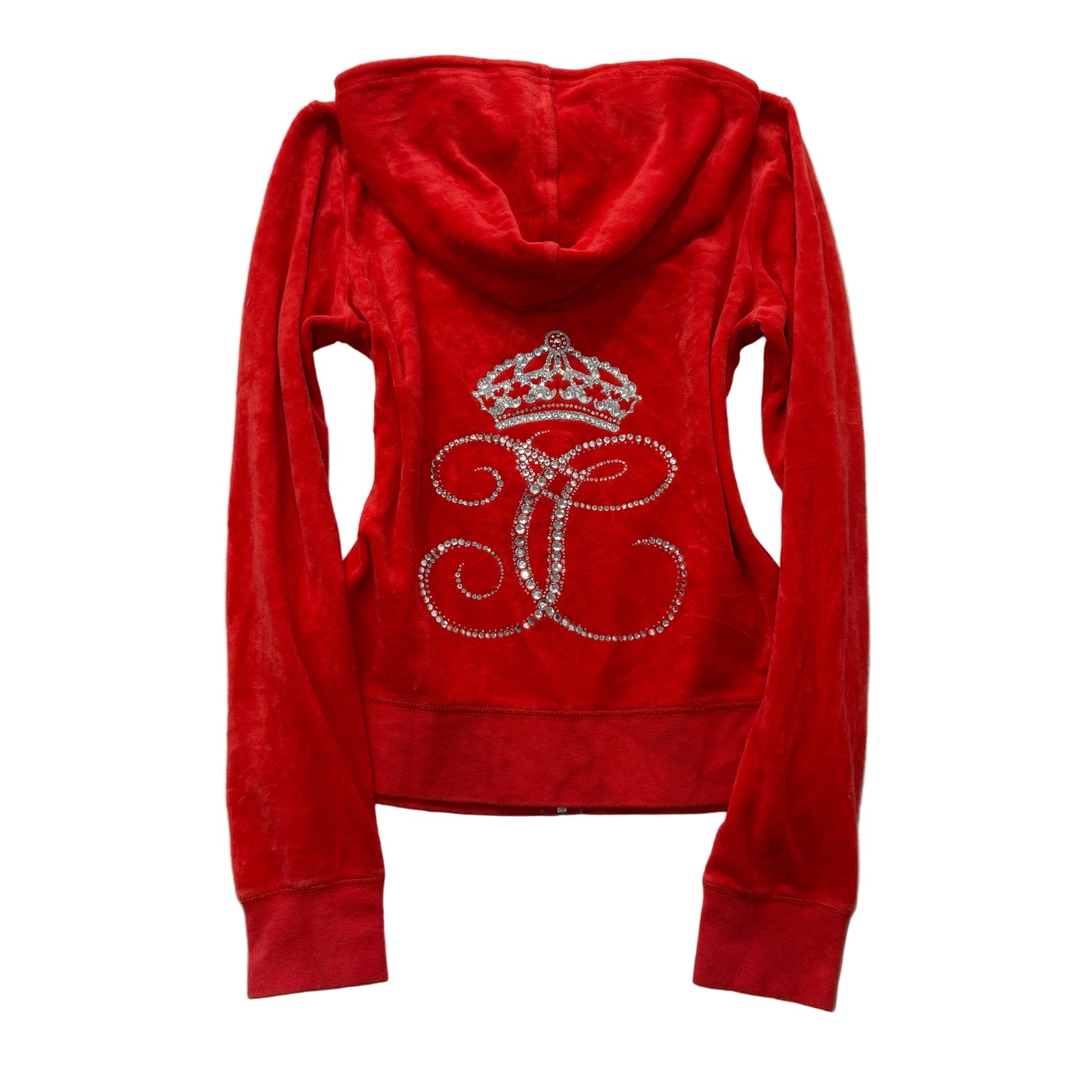 Juicy Couture Women's Red Velour Full Zip Hoodie Rhinestone Crown Logo Size M