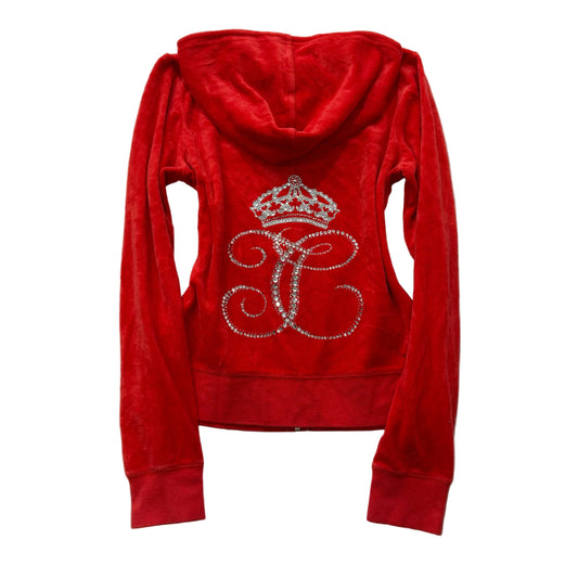 Juicy Couture Women's Red Velour Full Zip Hoodie Rhinestone Crown Logo Size M