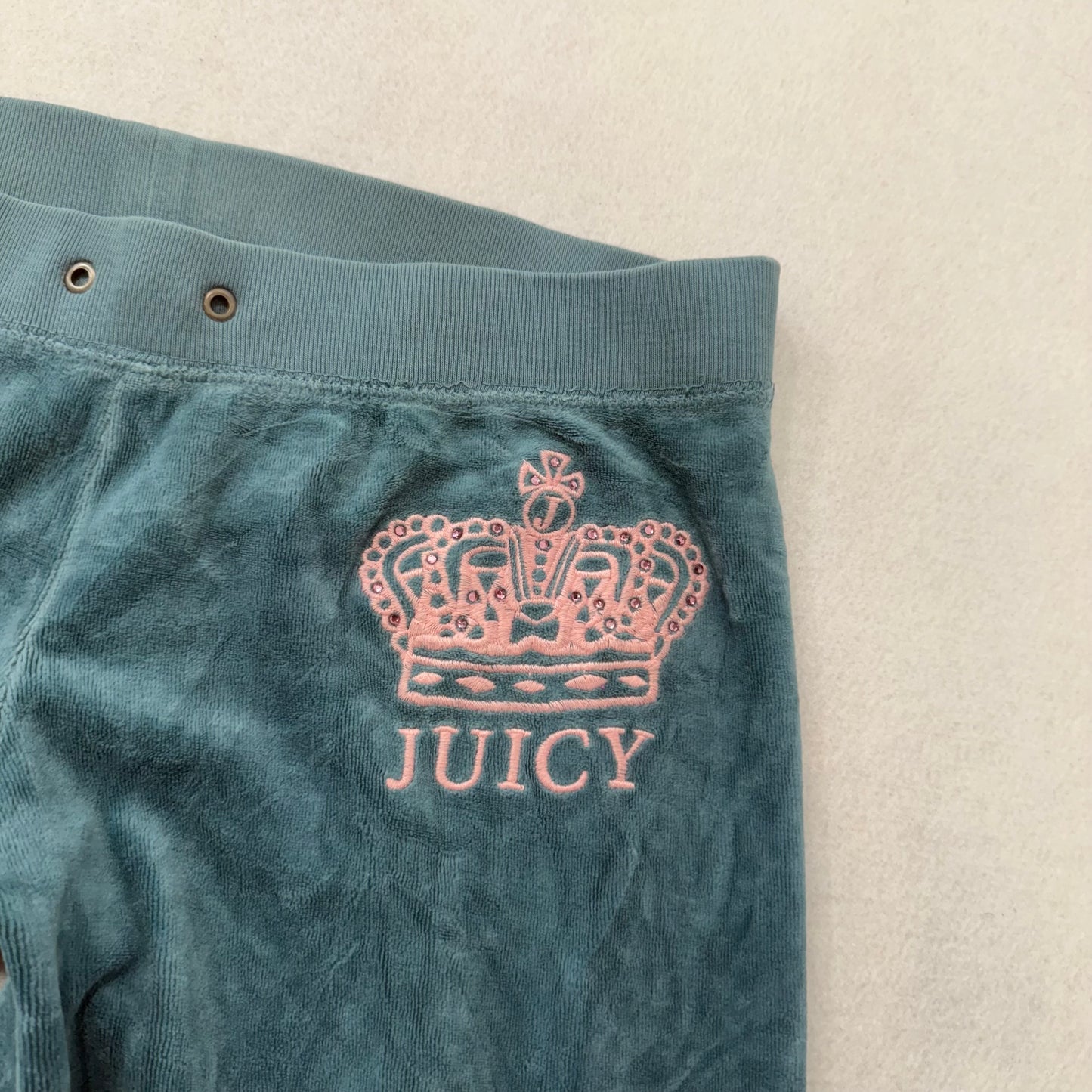 Juicy Couture Women's Winter Teal Velour Flared Track Pant Crown Logo Y2K Size P