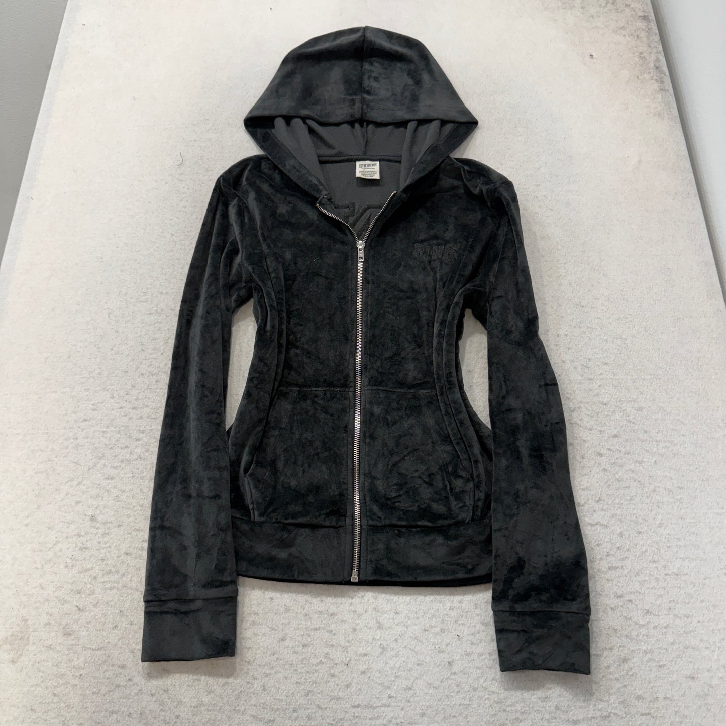 Victoria's Secret PINK Women's Black Velour Zip-Up Hoodie Loungewear Pockets - S