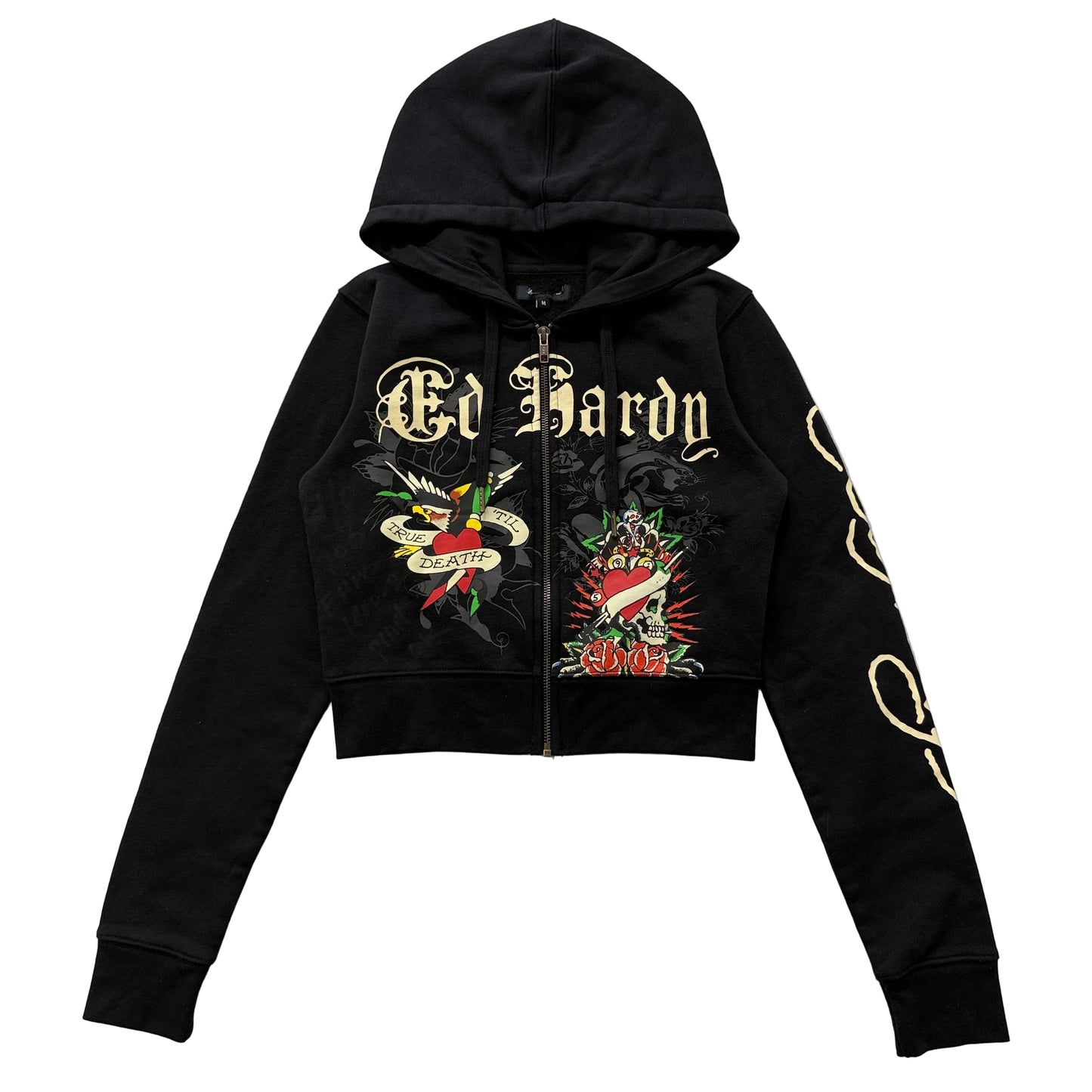 Ed Hardy Rose Skull Heart Women's Black Fleece Cropped Pullover Hoodie Size M