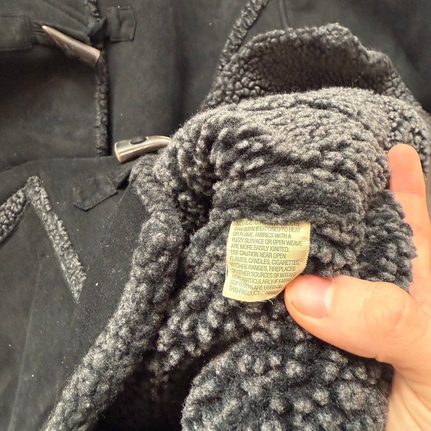 L.L. Bean Womens Black Faux Suede Hooded Toggle Coat Sherpa Lined Classic Size M