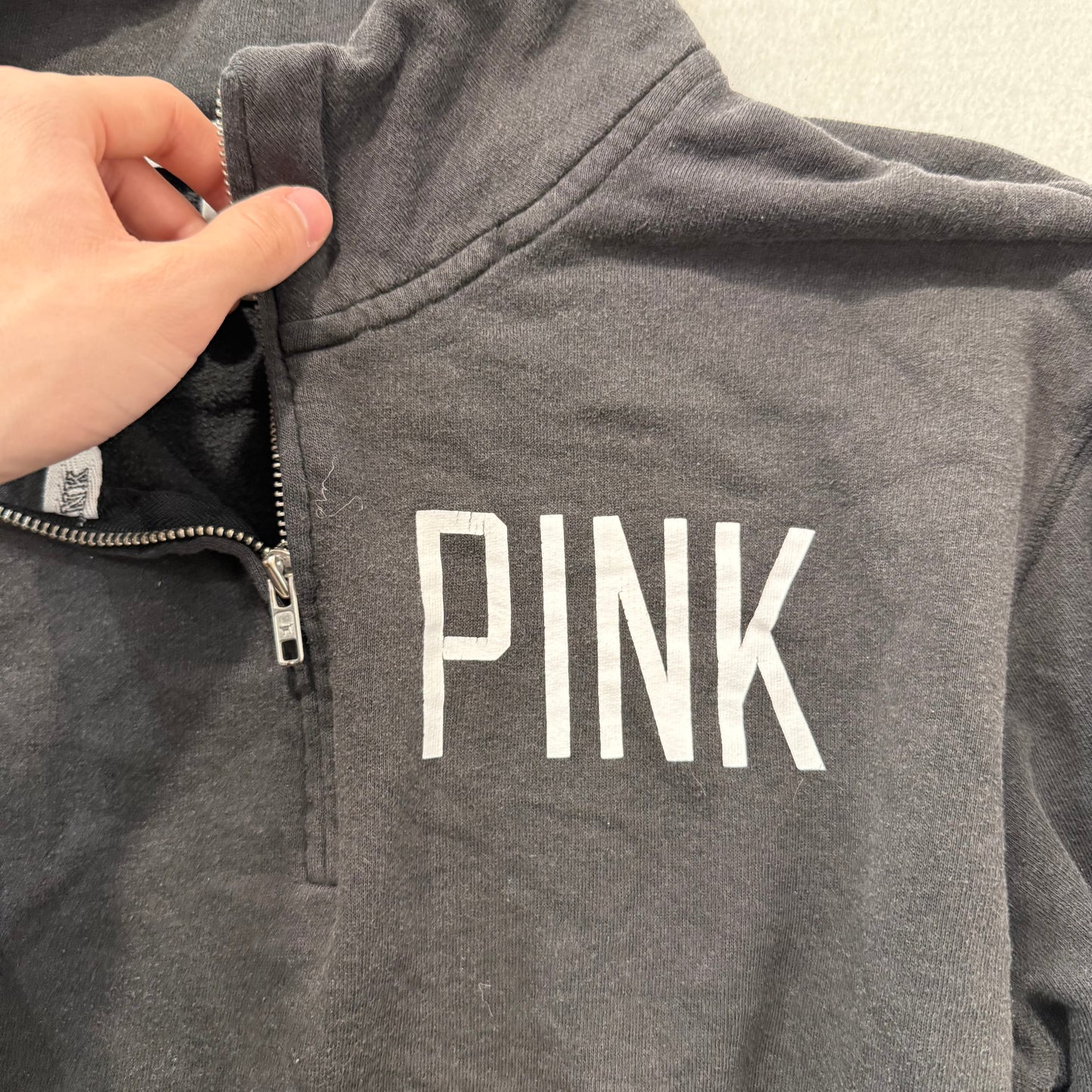 PINK by Victoria's Secret Women Black Cotton Pullover Hoodie 1/4 Zip Logo Size M