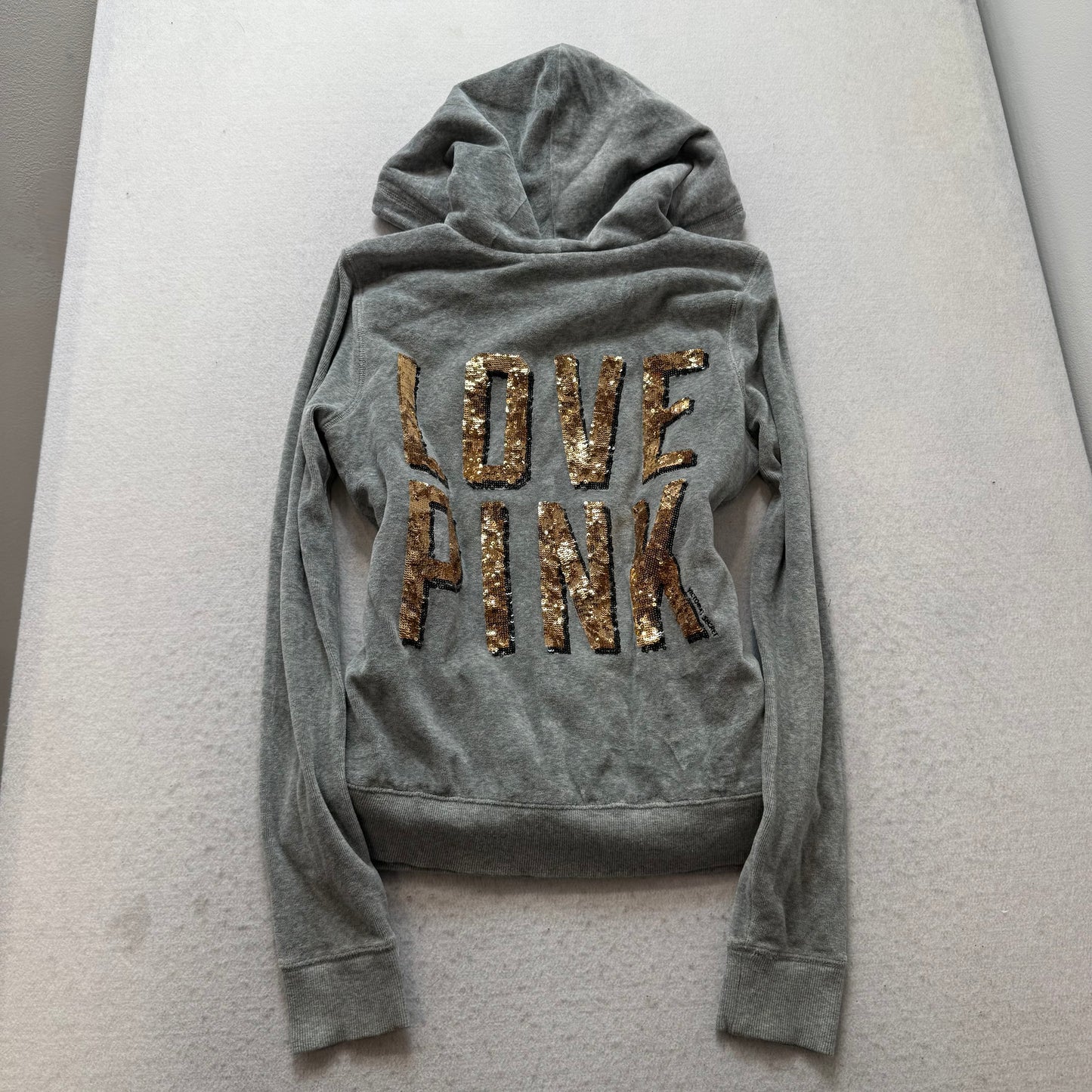 PINK Victoria's Secret Women's Gray Velour Hoodie Fur Lined Sequins Logo Size S