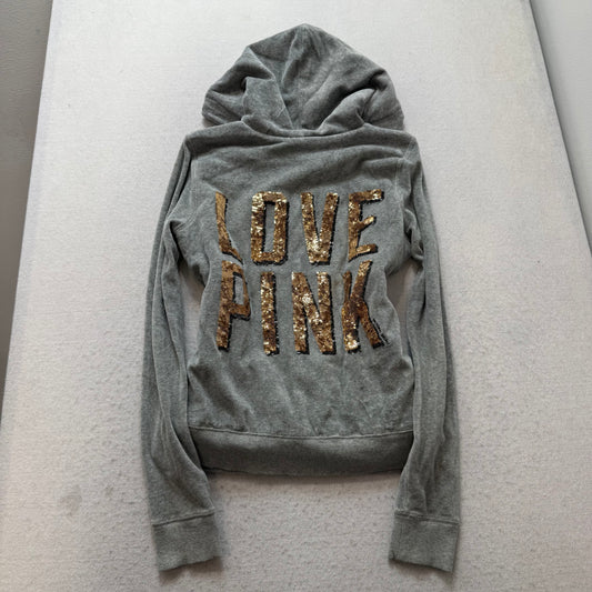 PINK Victoria's Secret Women's Gray Velour Hoodie Fur Lined Sequins Logo Size S