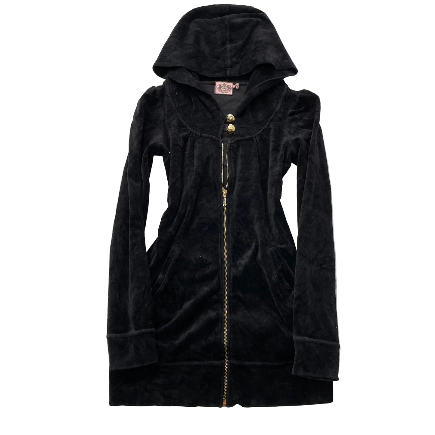 Vintage Juicy Couture Women's Black Velour Zip-Up Hoodie Front Button Y2K Size S