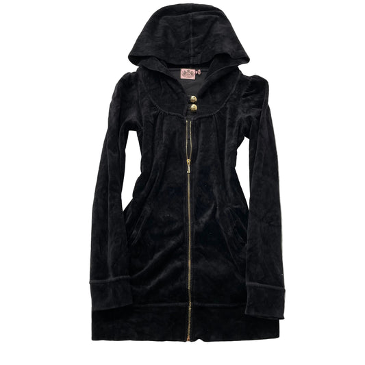 Vintage Juicy Couture Women's Black Velour Zip-Up Hoodie Front Button Y2K Size S