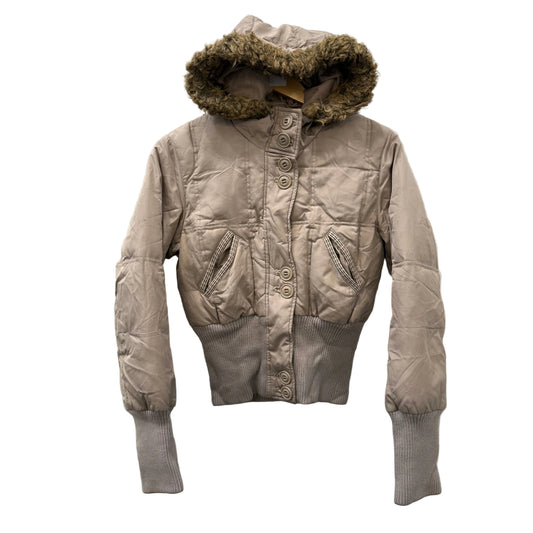 Mudd Women's Beige Zipper Bomber Jacket Ribbed Cuffs Hem Faux Fur Hooded Size S