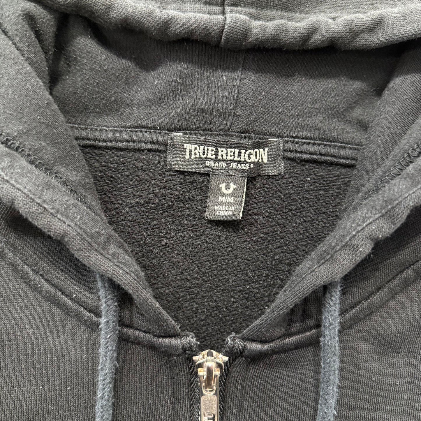 True Religion Men's Black Cotton Zip Up Hoodie Horseshoe Logo Streetwear Size M