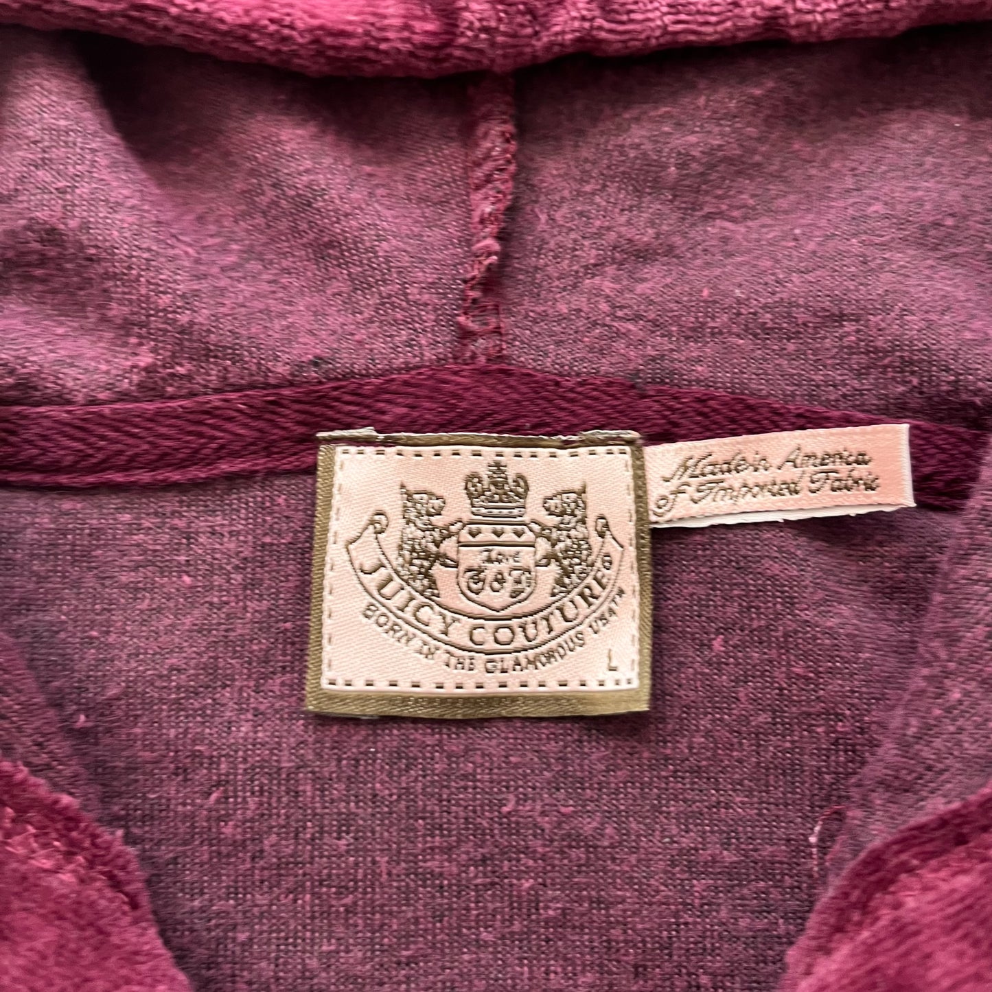 Juicy Couture Womens Burgundy Velour Zip-Up Hoodie Y2K Sports Long Sleeve Size L