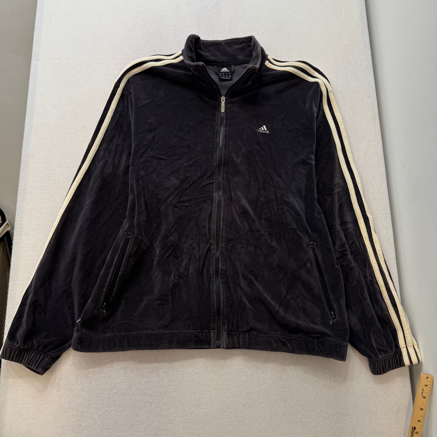 Adidas Black Track Jacket Three-Stripe Sleeves Zippered Pockets Size XL