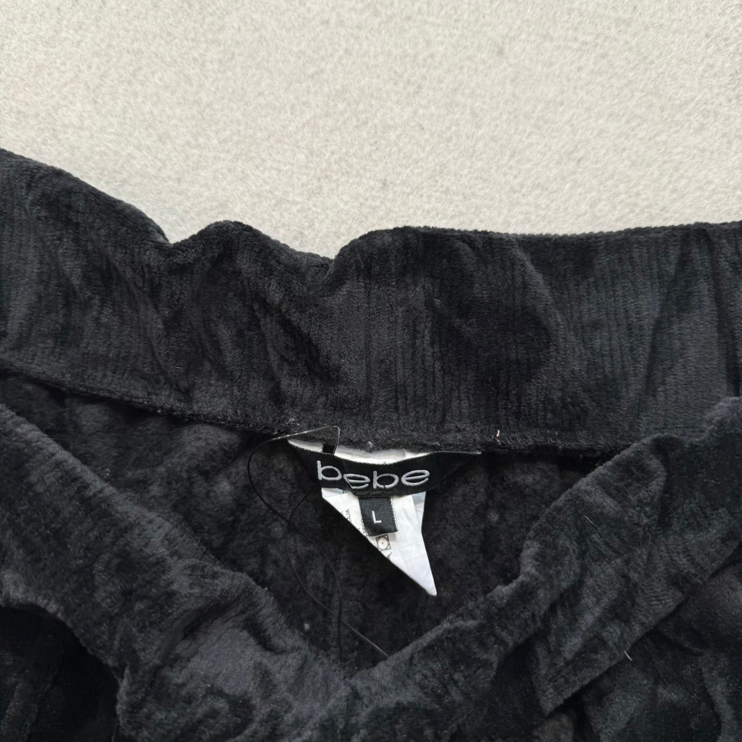 Bebe Women's Black Velour Flared Track Pant Loungewear Sequin Logo Pocket Size L