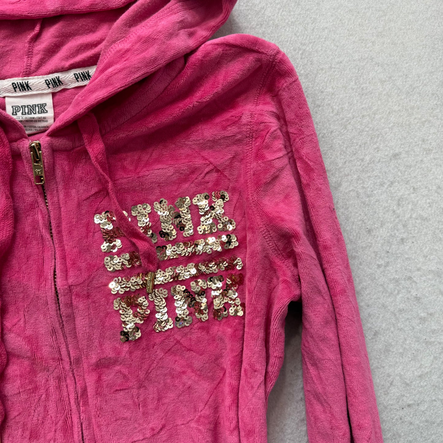 Victoria's Secret PINK Women's Hot Pink Velour Zip-Up Hoodie Gold Sequin Size S