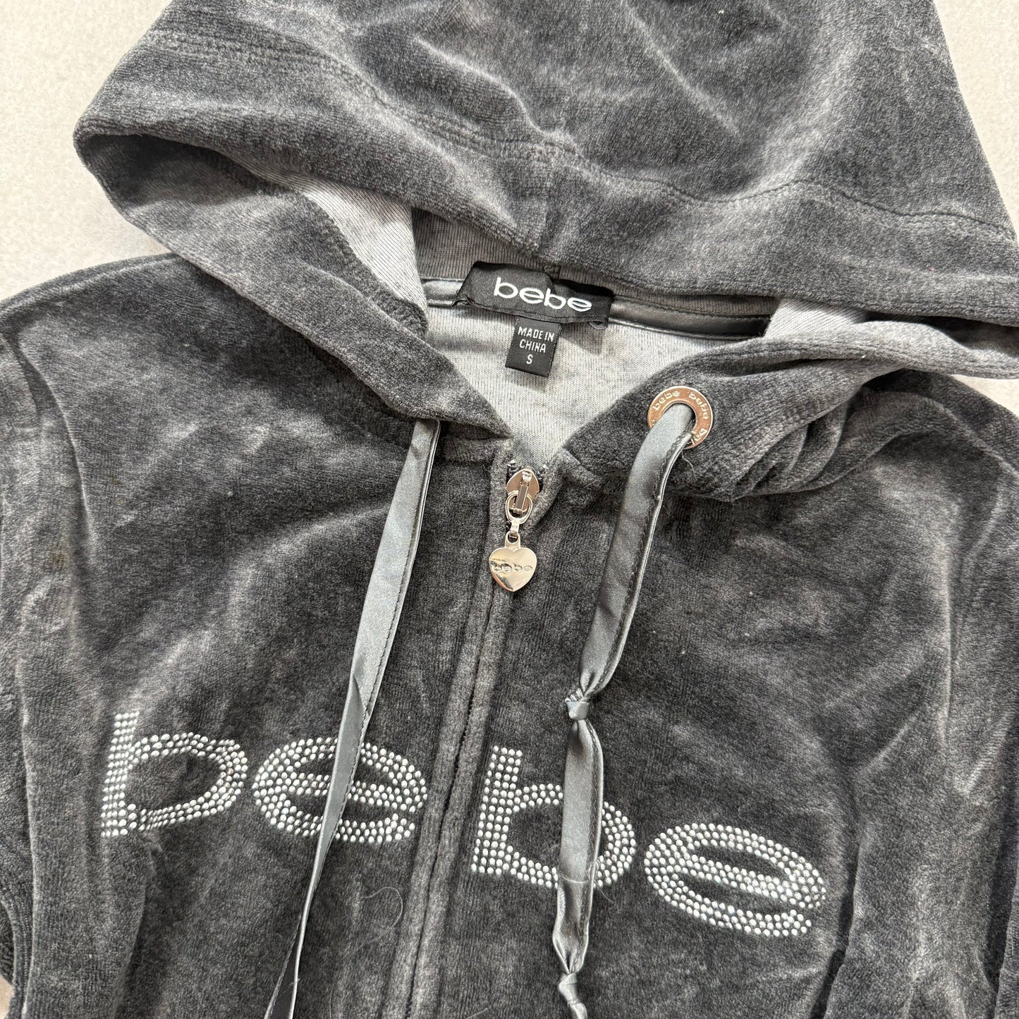 Bebe Sport Women's Dark Gray Velour Zip-Up Hoodie Pockets Rhinestone Logo Size S