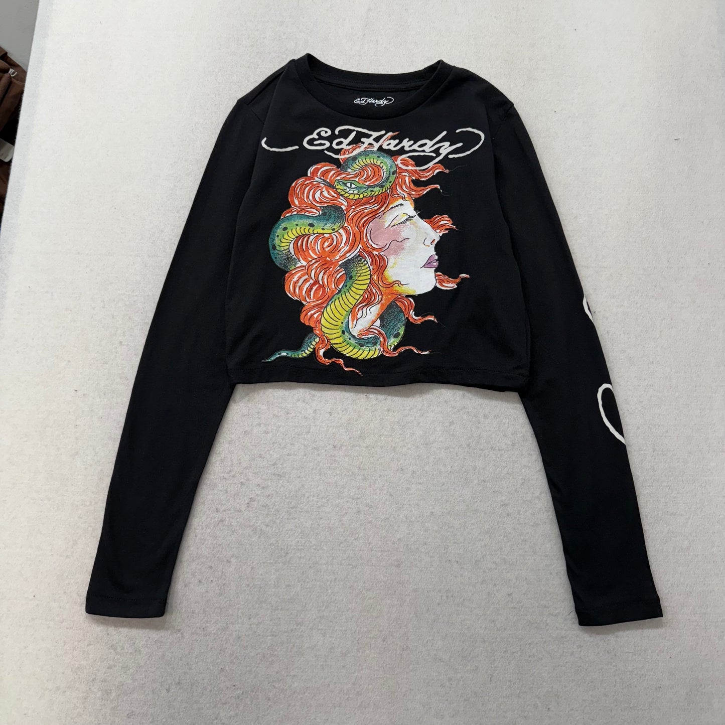 ED HARDY “Snake Girl” BLACK LONG SLEEVE CROPPED BABY TEE