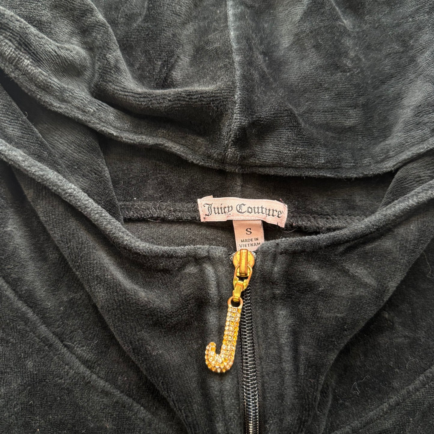 Juicy Couture Women's Black Velour Zip-Up Hoodie Rhinestone Zip Pockets Size S
