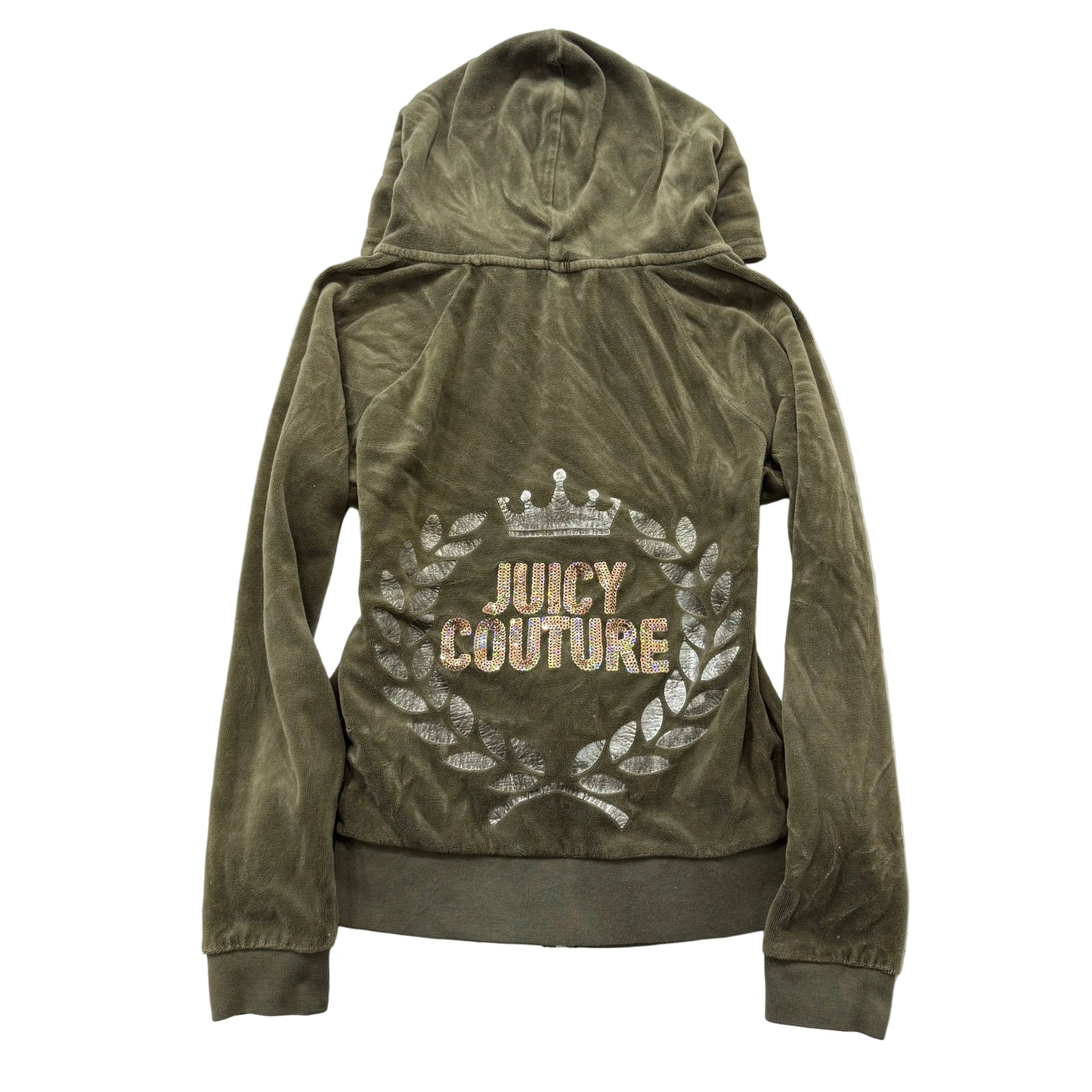 Juicy Couture Womens Olive Velour Zip-Up Hoodie Sequin Laurel Wreath Logo Size M