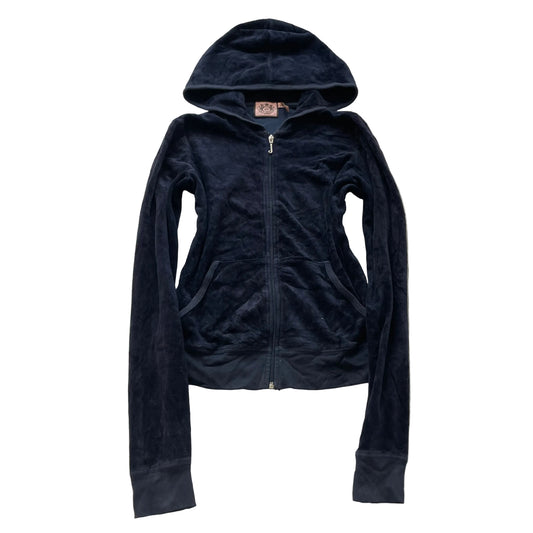 Vintage Juicy Couture Womens Navy Velour Zip-Up Hoodie Streetwear Pockets Size S