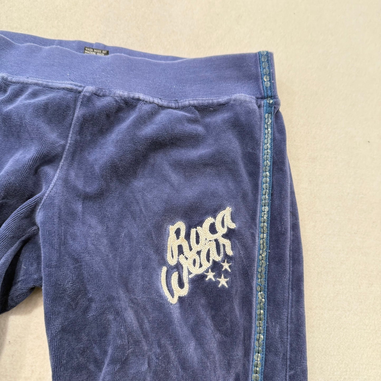 Rocawear Women’s Navy Flared Track Pants Embroidery Sequin Logo Low Rise Size S