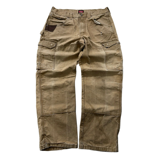 Wrangler Workwear Men's Khaki Relaxed Fit Cargo Pants Pockets Logo Size W34
