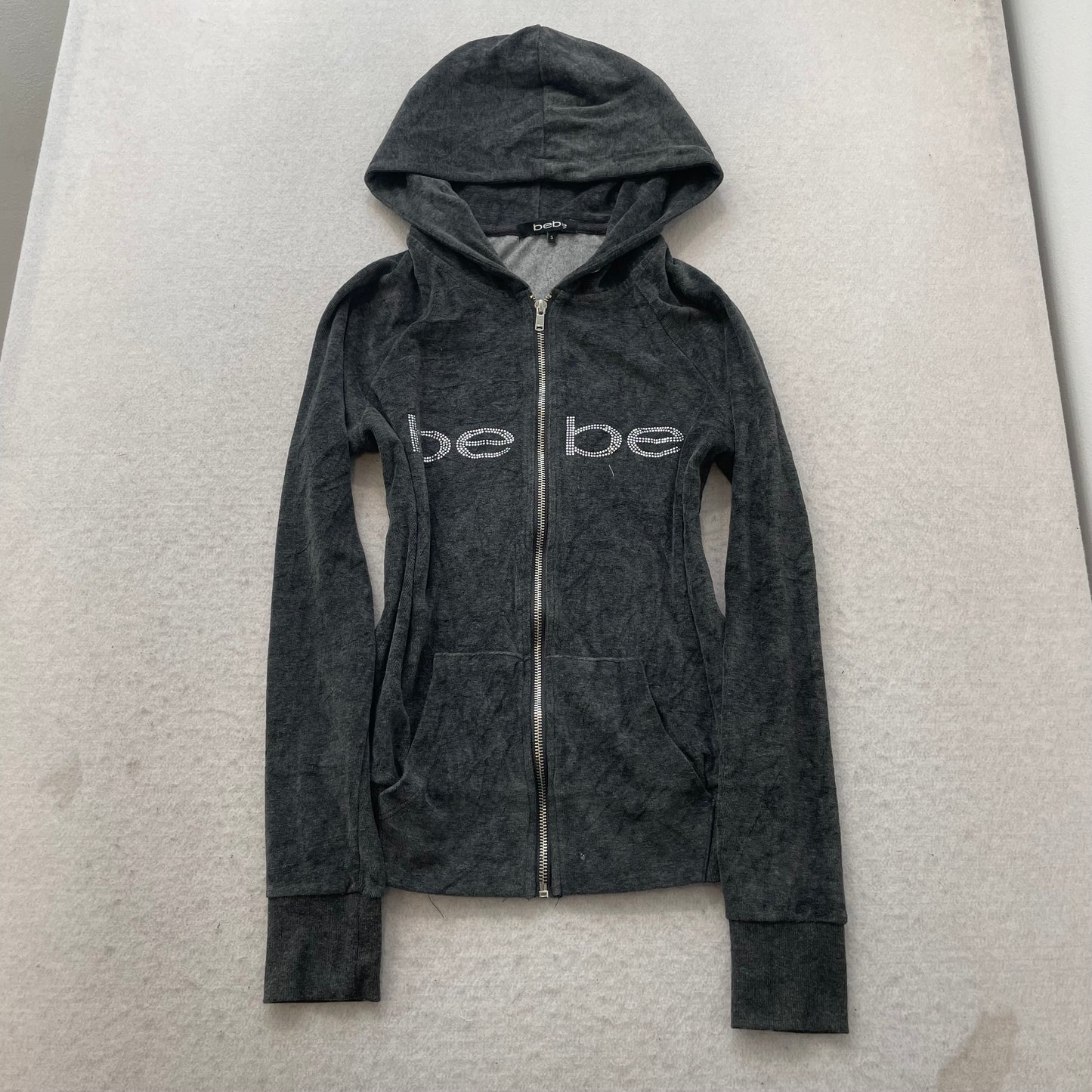 Bebe Women's Charcoal Gray Velour Zip-Up Hoodie Rhinestones Front Logo Size S