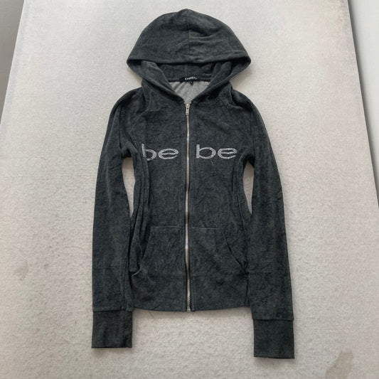 Bebe Women's Charcoal Gray Velour Zip-Up Hoodie Rhinestones Front Logo Size S
