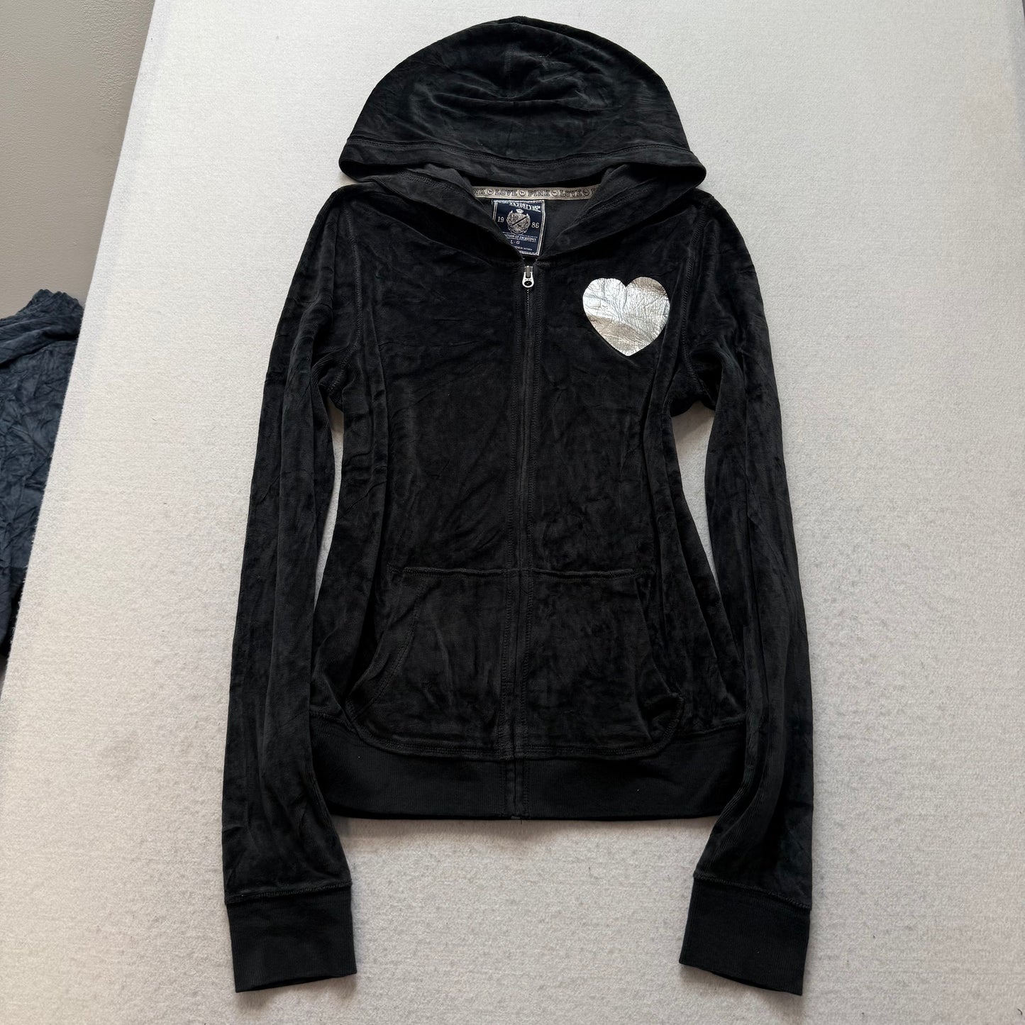 Victoria's Secret PINK Women's Black Velour Hoodie I Love Parties Sequin Size L