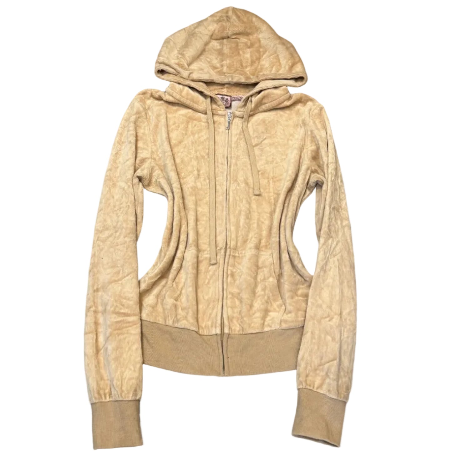 Vintage Juicy Couture Women Beige Velour Zip-Up Hoodie Drawstring Pockets Size S