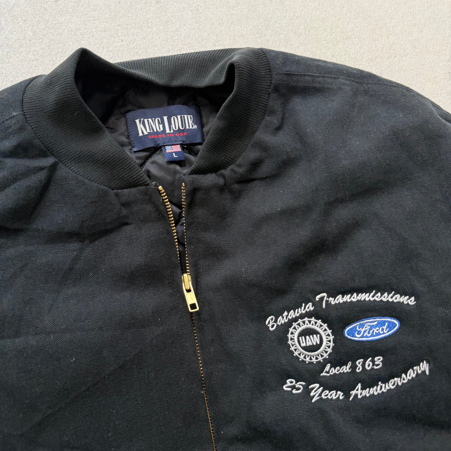 King Louie Ford Ford USA 80s Stadium Black Varsity Jacket Zip-Up Workwear Size L