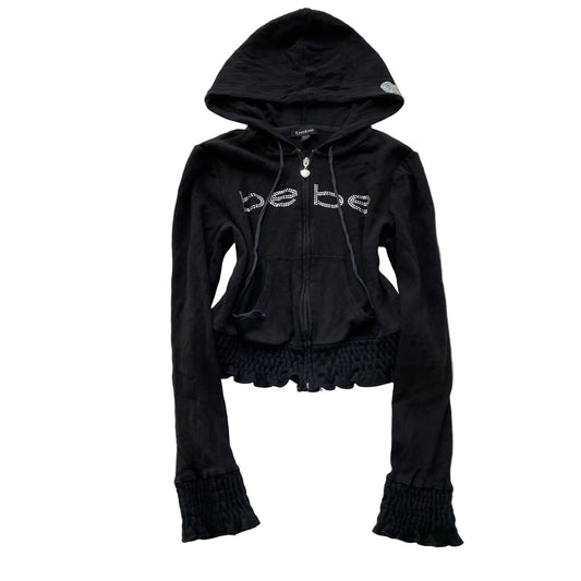 Vintage Bebe Women's Black Velour Zip-Up Cropped Hoodie Rhinestone Logo Size L