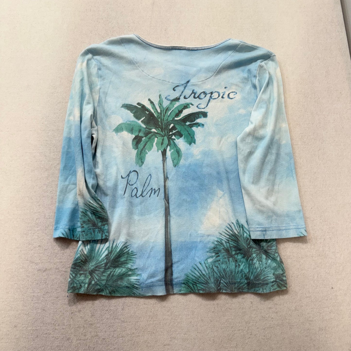 Studio Collection Blue Palm Tree Graphic Rhinestone Long Sleeve Top Size XL