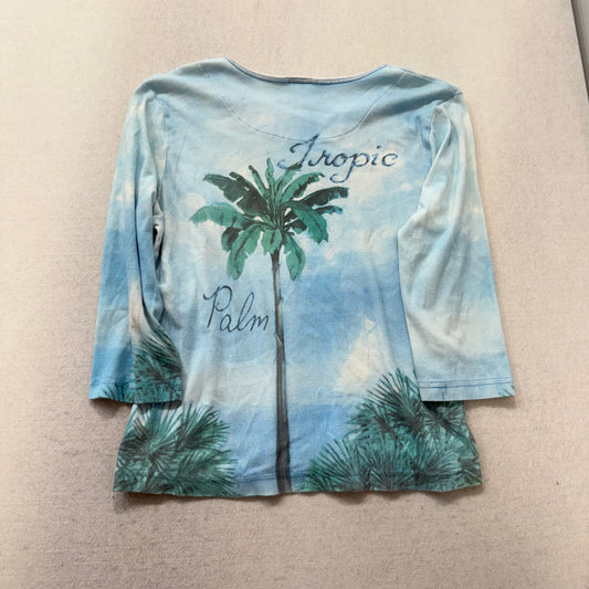 Studio Collection Blue Palm Tree Graphic Rhinestone Long Sleeve Top Size XL