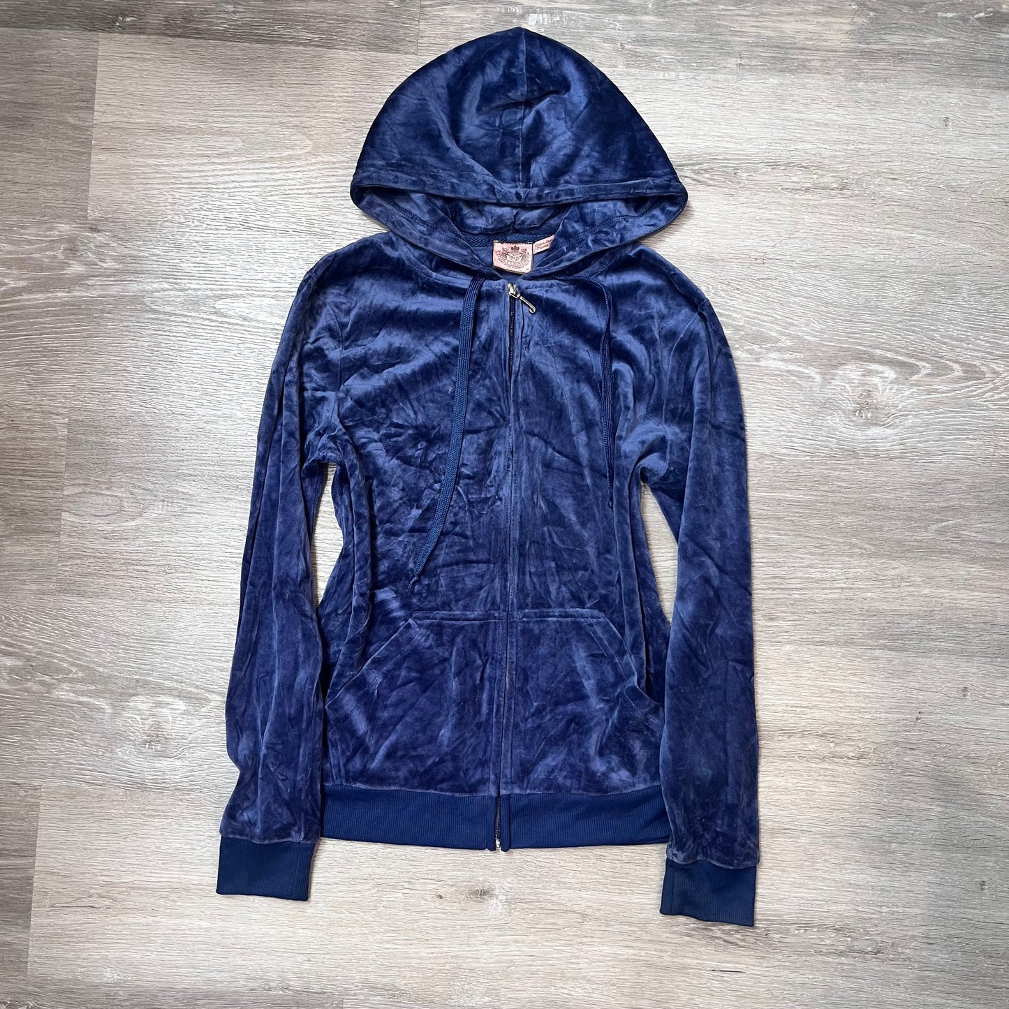 Juicy Couture Women's Dark Navy Blue Velour Full Zip Hoodie Graphic Logo Size M
