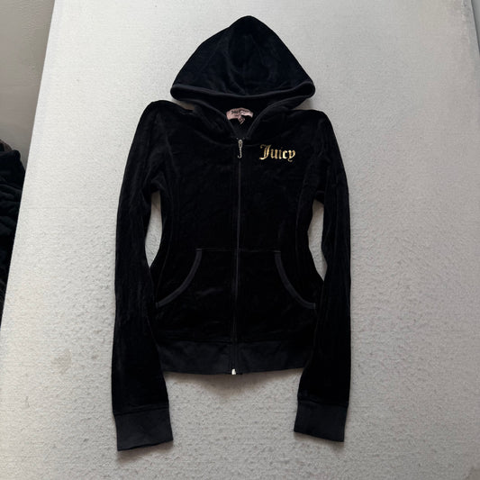 Juicy Couture Women's Black Velour Full Zip Hoodie Pockets Graphic Logo Size M