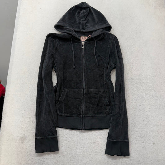Vtg Juicy Couture Women's Black Velour Tracksuit Set Hoodie & Flared Pant Size L