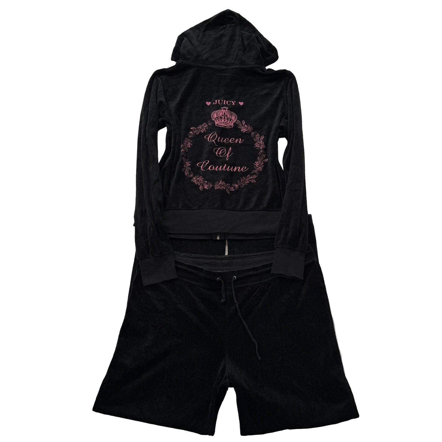 Vintage Juicy Couture Queen Couture Women's Black Velour Tracksuit Set Size L/XL