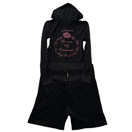 Vintage Juicy Couture Queen Couture Women's Black Velour Tracksuit Set Size L/XL