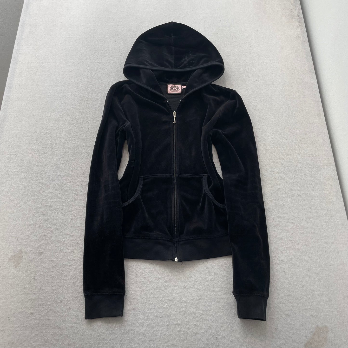 Vtg Juicy Couture Black Velour Tracksuit Set Graphic Hoodie & Track Pant - L/M