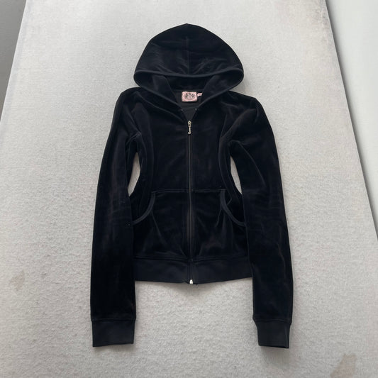 Vtg Juicy Couture Black Velour Tracksuit Set Graphic Hoodie & Track Pant - L/M