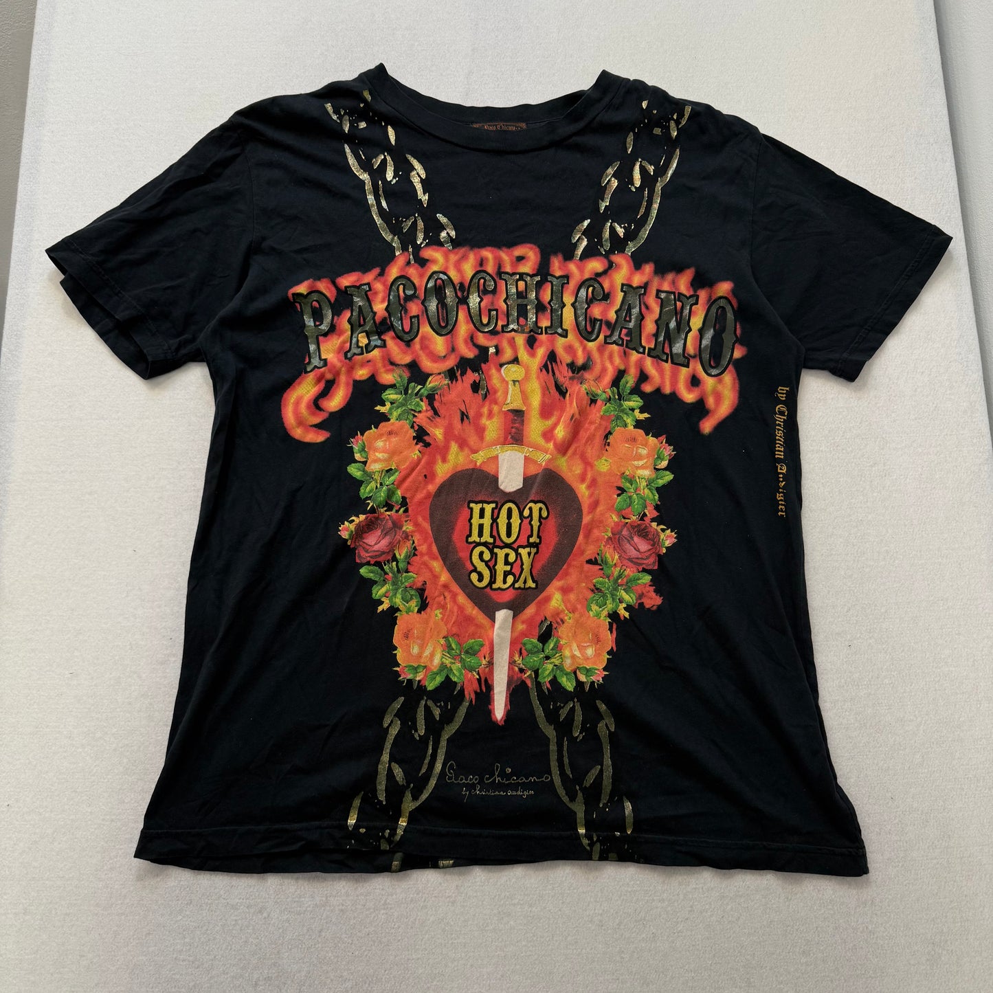 Paco Chicano Black Graphic T-Shirt Hot Sex Heart Chain Design Size XXL Made USA