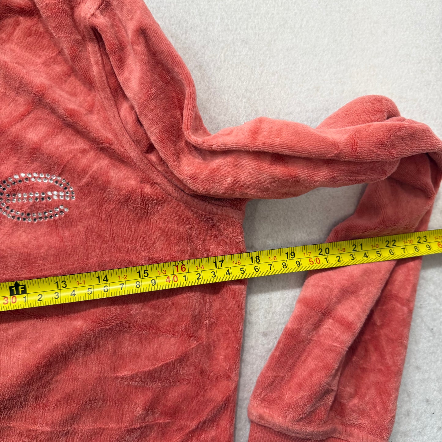 Bebe Women's Coral Pink Velour Full Zip Hoodie Loungewear Rhinestone Logo Size M