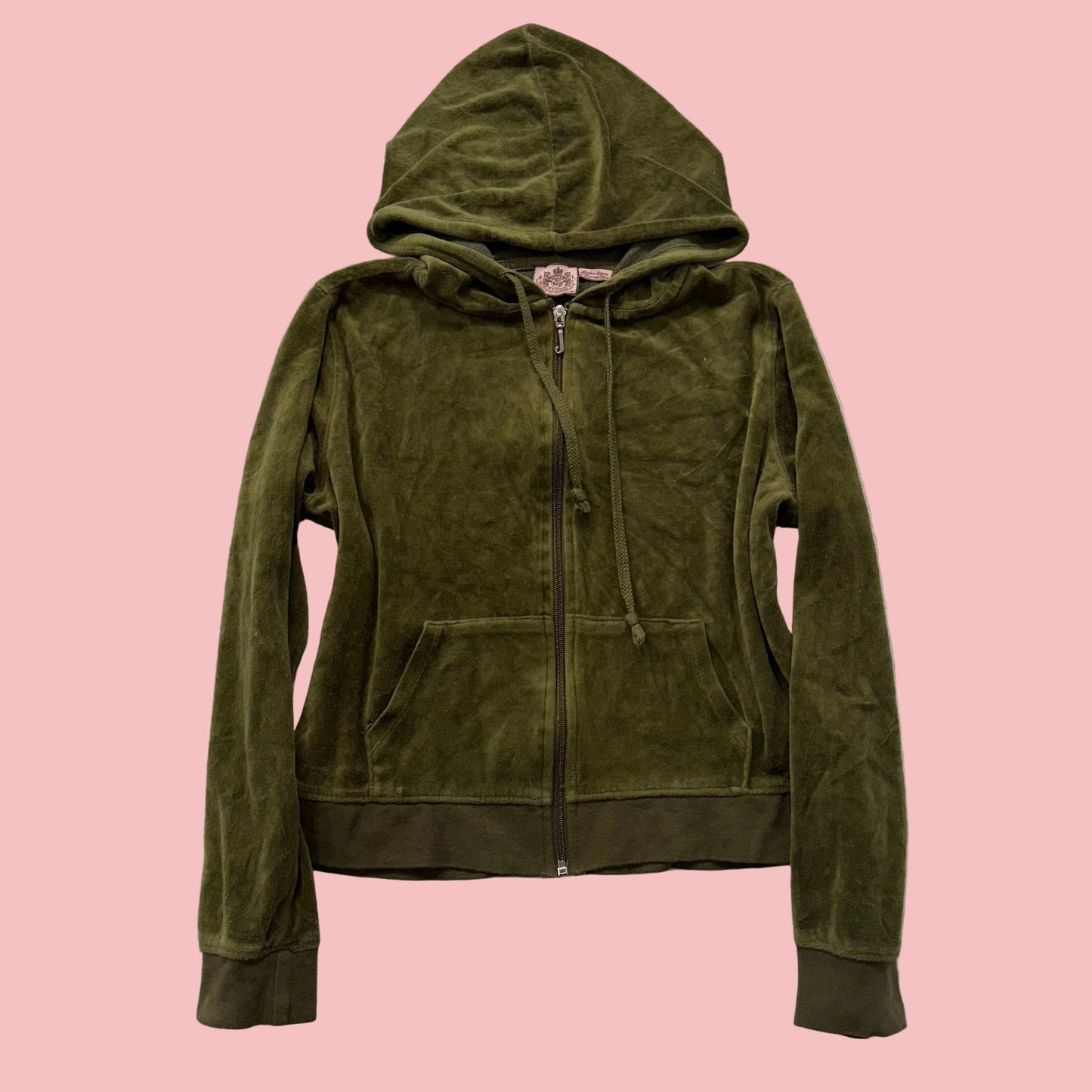 Juicy Couture Women's Olive Green Velour Zip-Up Hoodie Drawstring Pockets Size M
