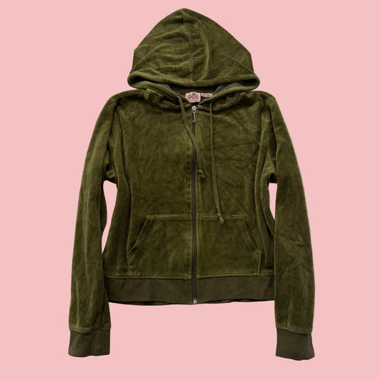 Juicy Couture Women's Olive Green Velour Zip-Up Hoodie Drawstring Pockets Size M