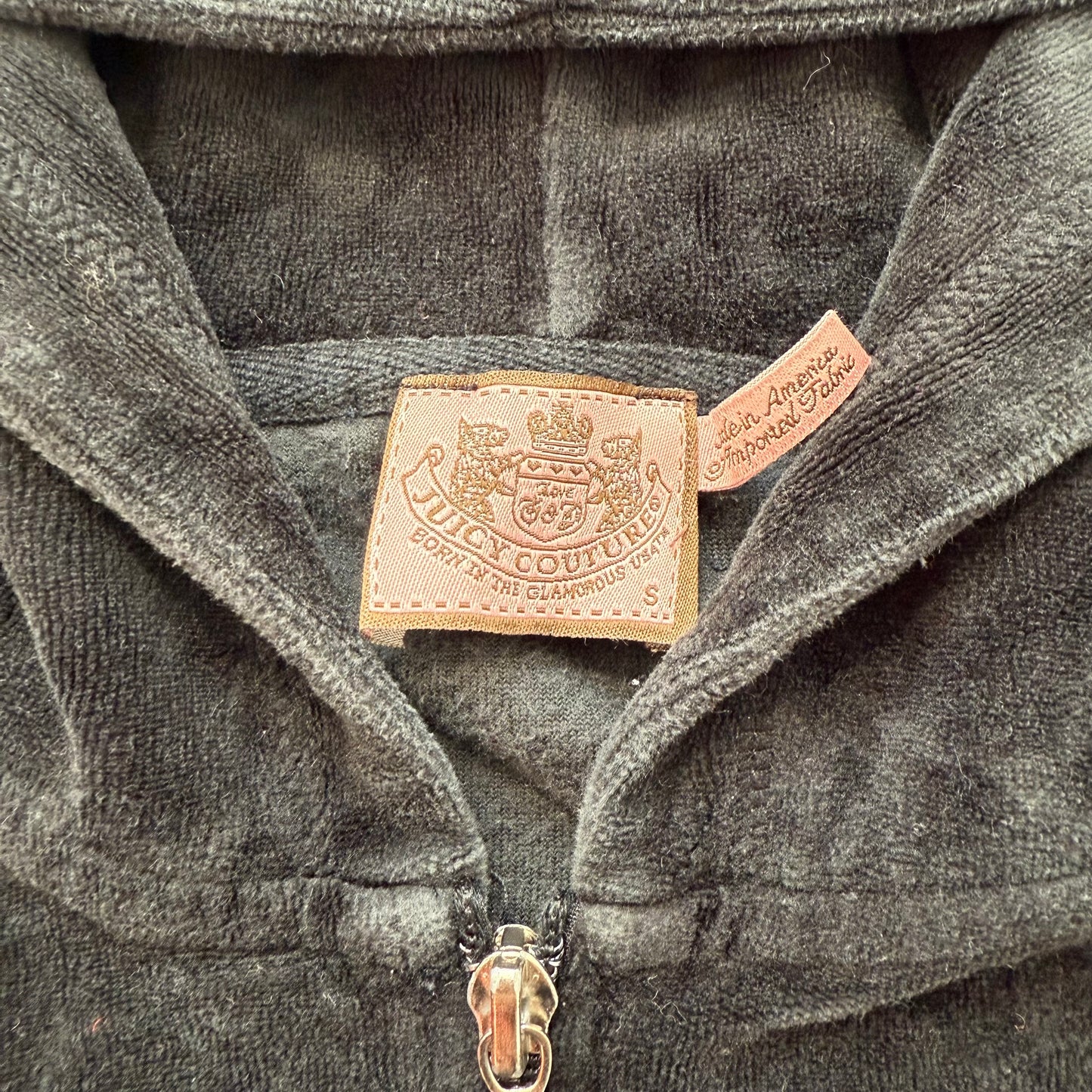 Vintage Juicy Couture Women's Black Velour Full Zip Cropped Hoodie Logo Size S