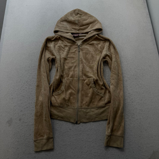 Vintage Juicy Couture "Queen of Couture" Women Khaki Velour Zip-Up Hoodie Size L