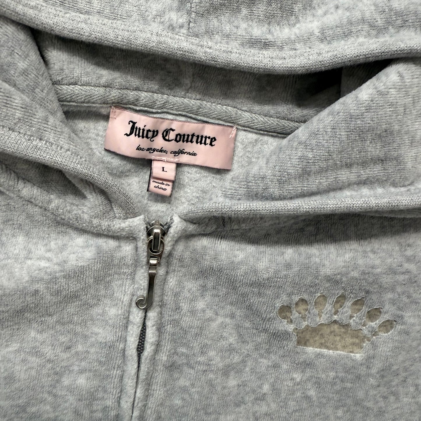Vintage Juicy Couture Gray Velour Full Zip Hoodie w/ Back JC Emblem Size L