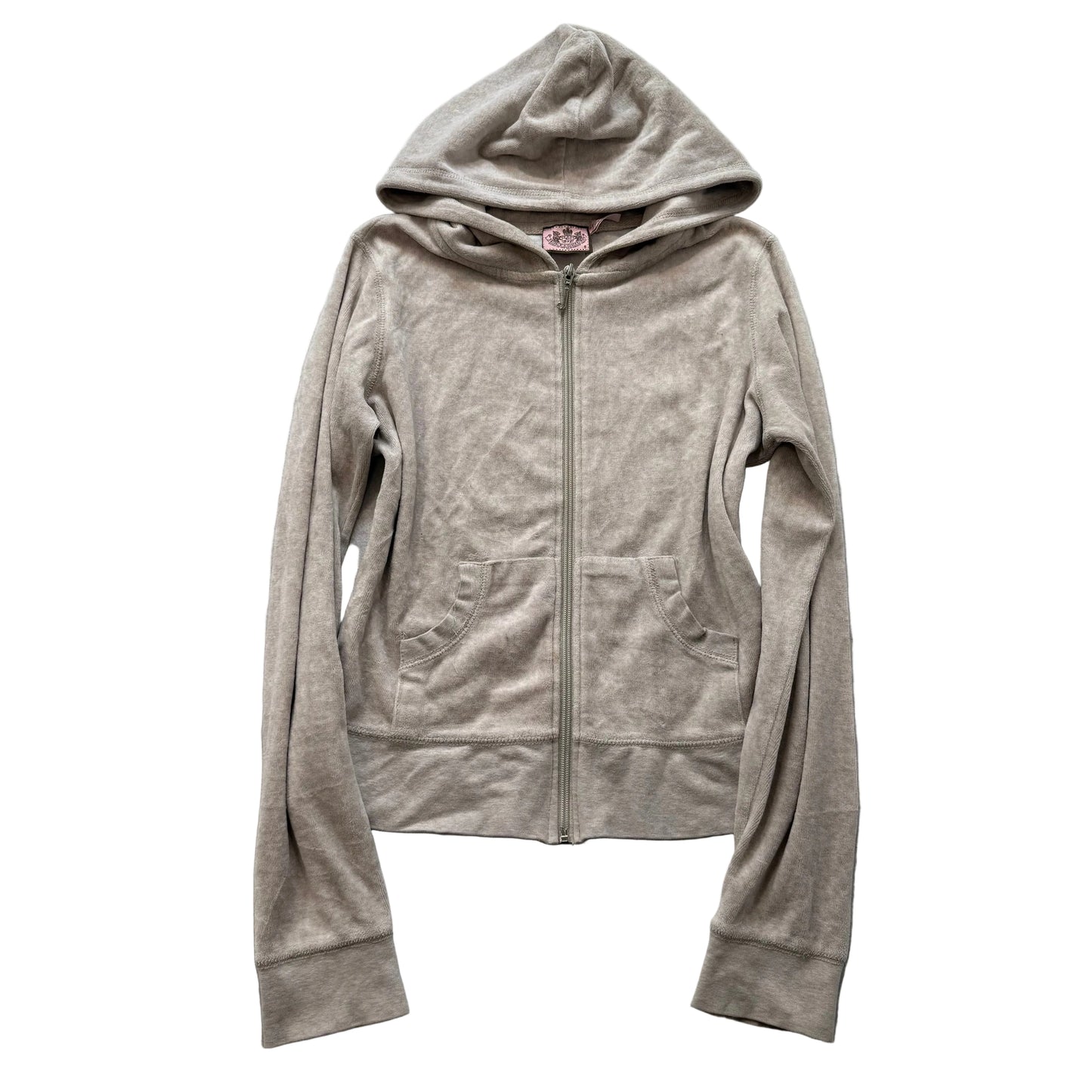 Vintage Juicy Couture Women's Light Taupe Velour Full Zip Hoodie Pockets Size S