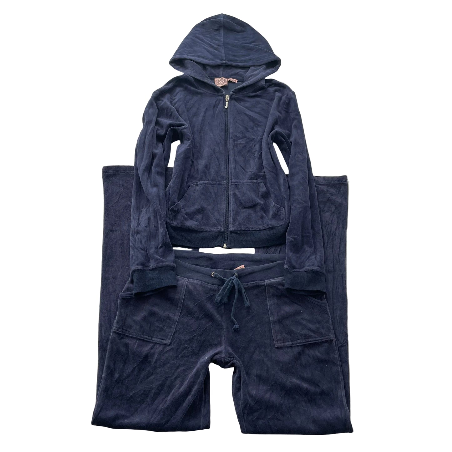 Vintage Juicy Couture Women Navy Velour Tracksuit Set Hoodie & Track Pant Size L
