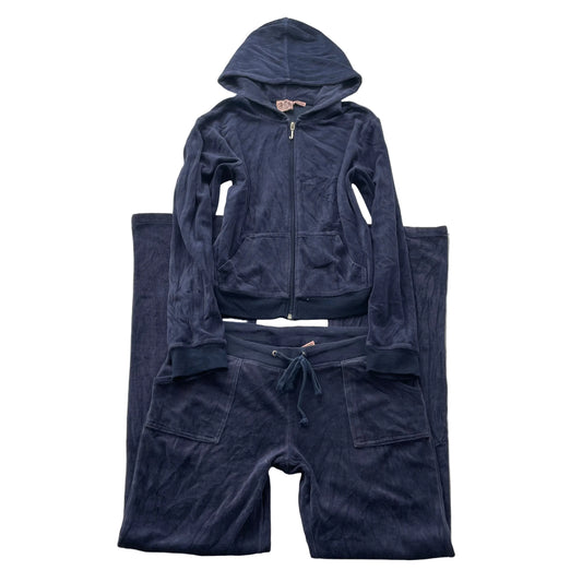 Vintage Juicy Couture Women Navy Velour Tracksuit Set Hoodie & Track Pant Size L